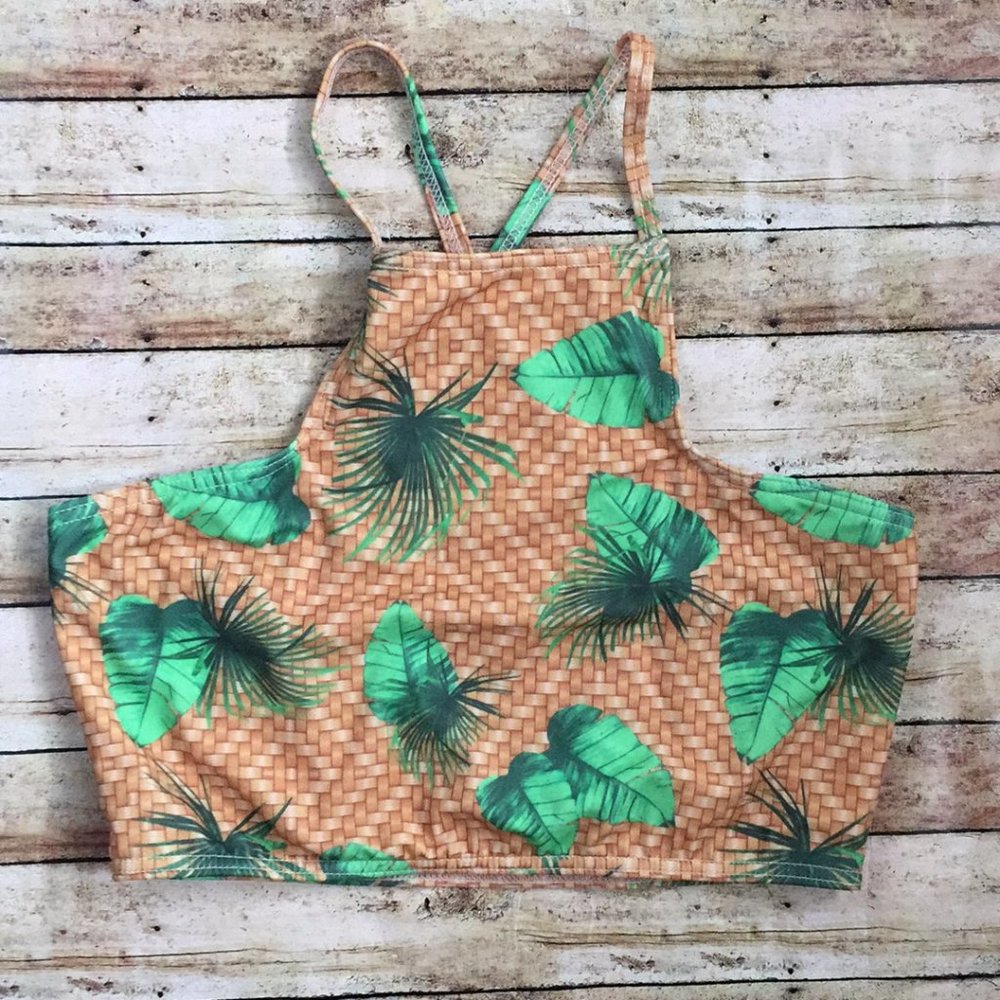 NWOT ASOS Swim Tan & Green Tropical Palm Leaf High Neck Bikini Top Size 6